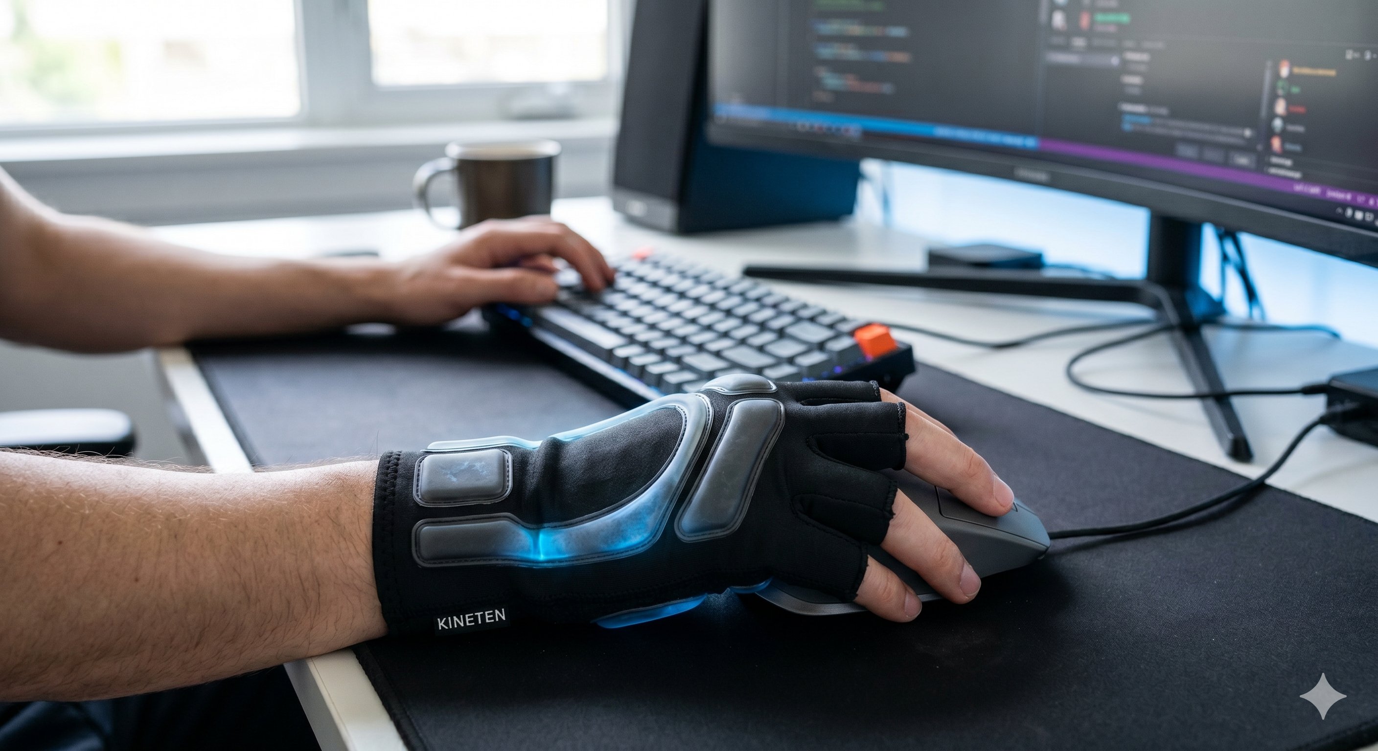 KINETEN gaming glove on mouse at PC setup - fingertip design with gel channels