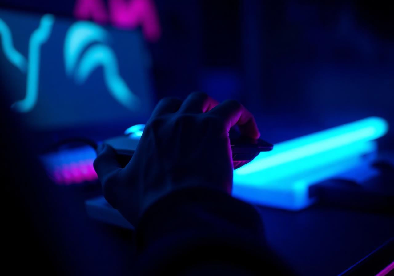 Hand wearing KINETEN glove on mouse, fingerless design with blue gel panels