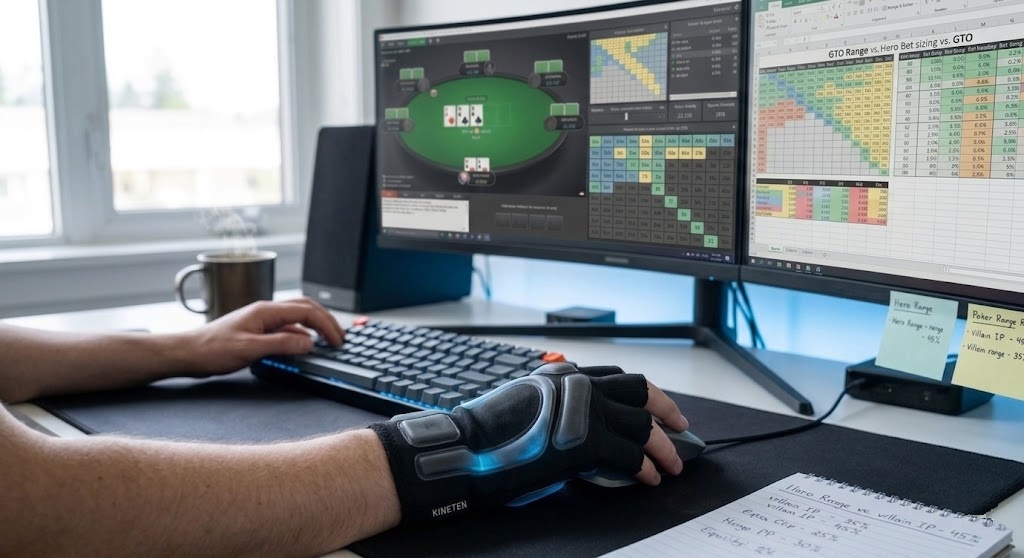 KINETEN gaming glove on mouse at poker GTO analysis setup